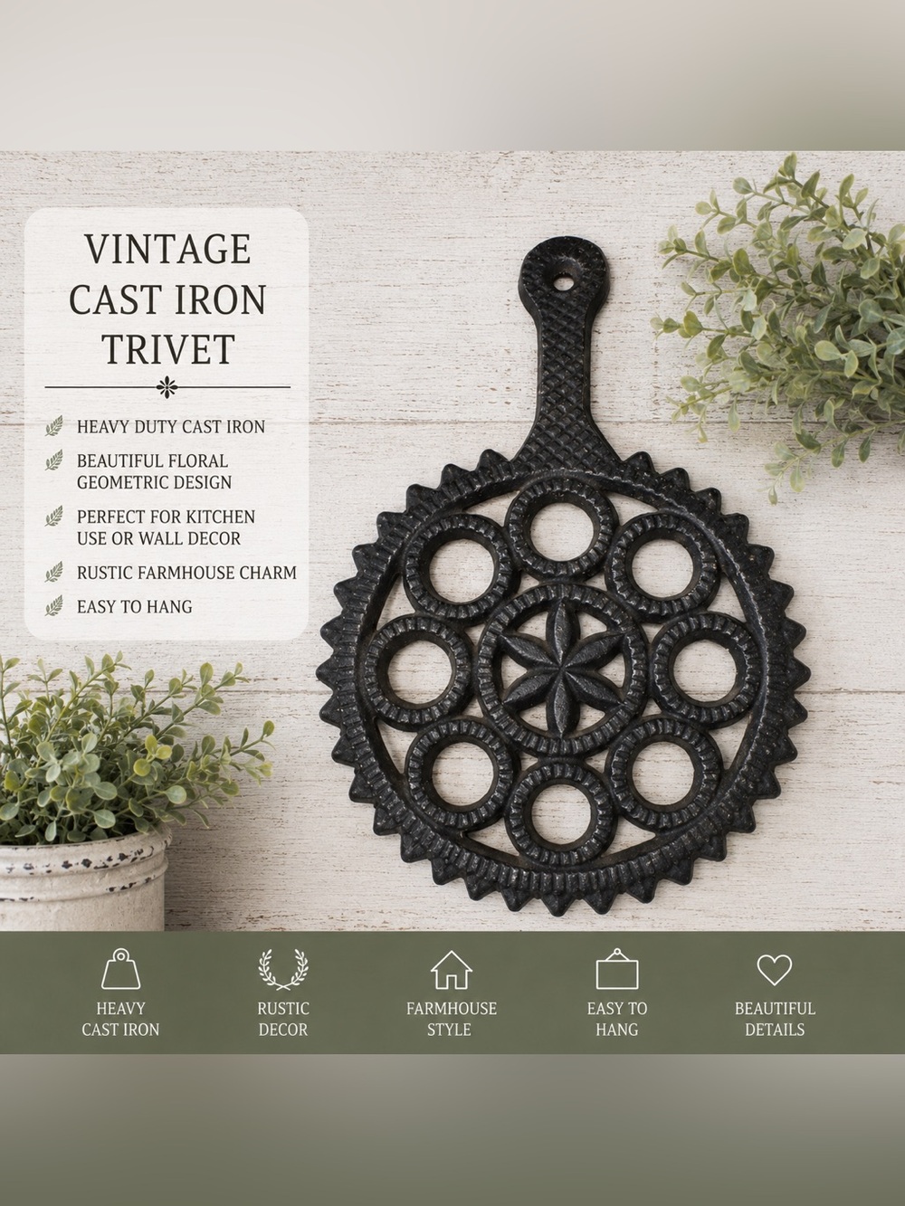 Vintage Cast Iron Trivet Round Floral Geometric Rustic Farmhouse Wall Decor